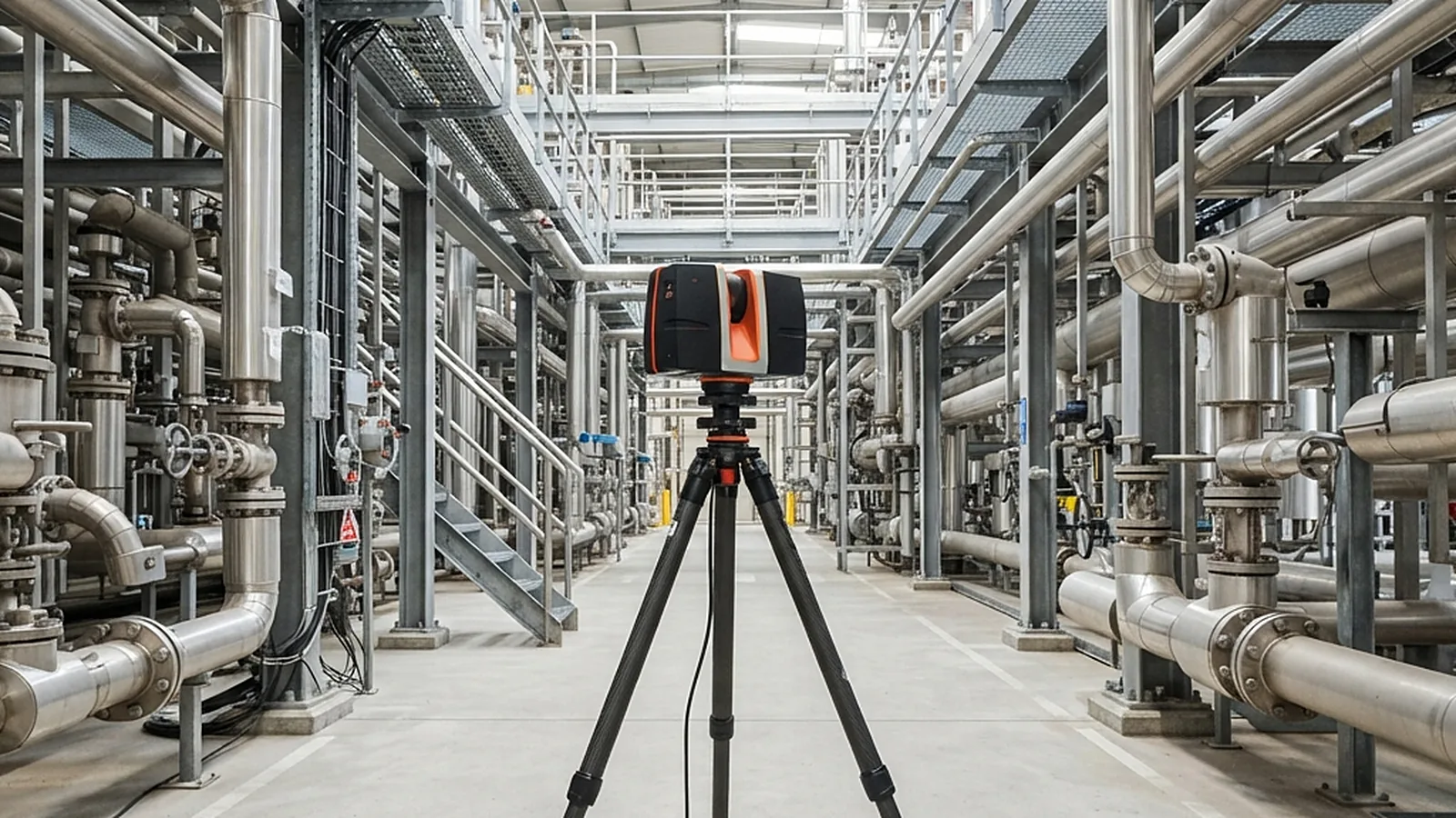 Laser scanner on a tripod between rows of pipework in a process plant