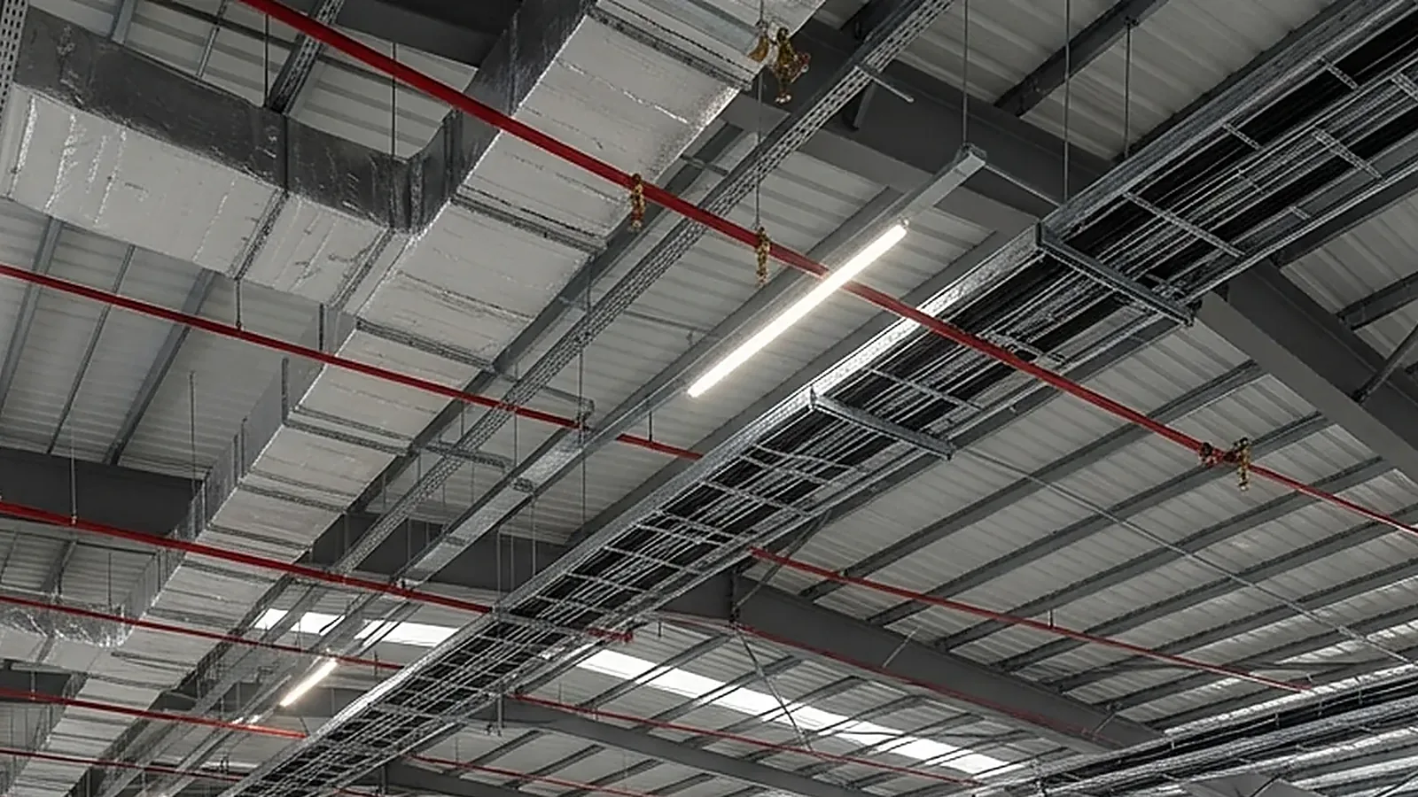 Insulated HVAC ducts, red fire protection pipework, cable trays and lighting under the roof of an industrial building