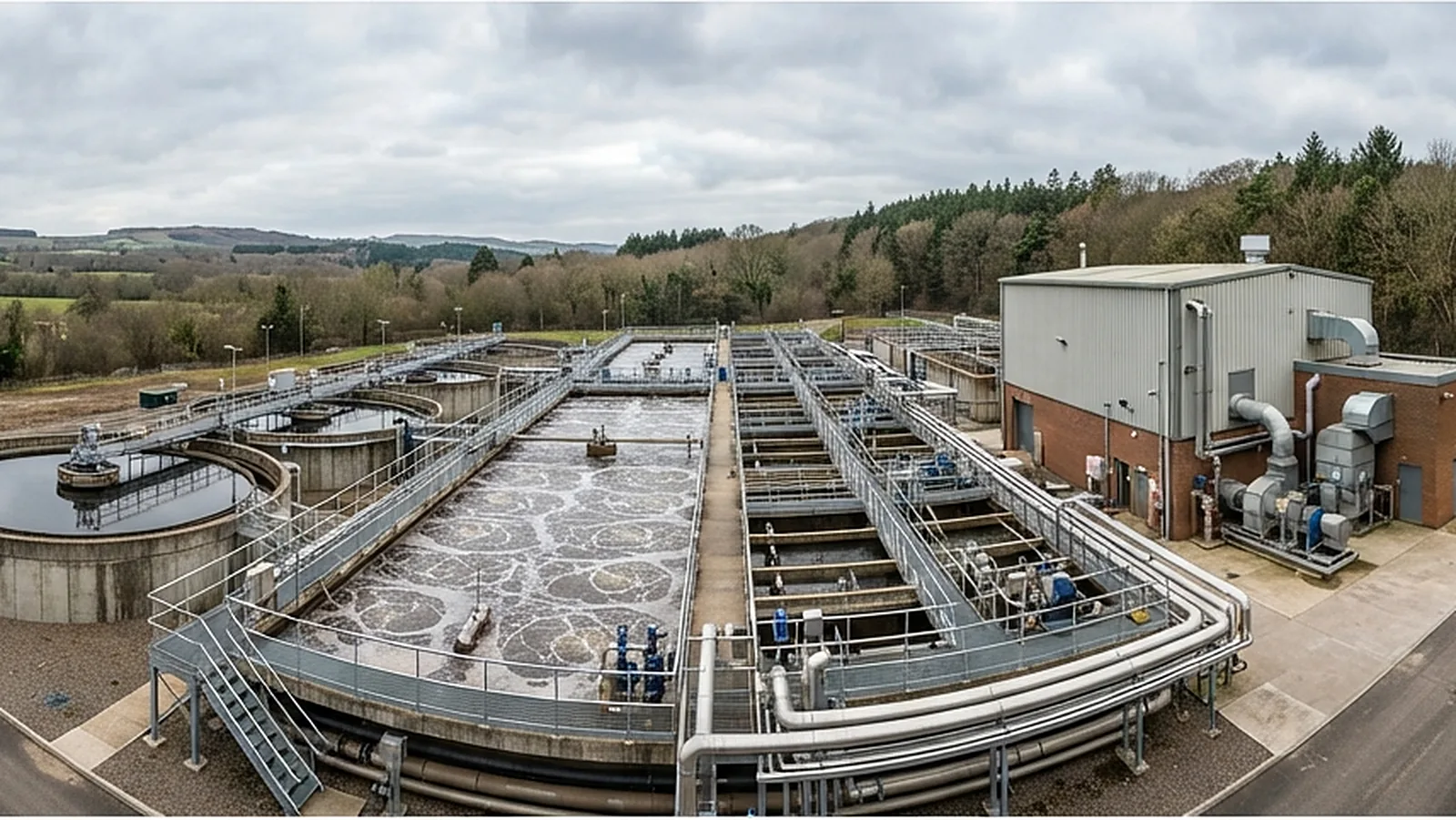 Effluent treatment plant with an aeration basin, concrete tanks and a blower house