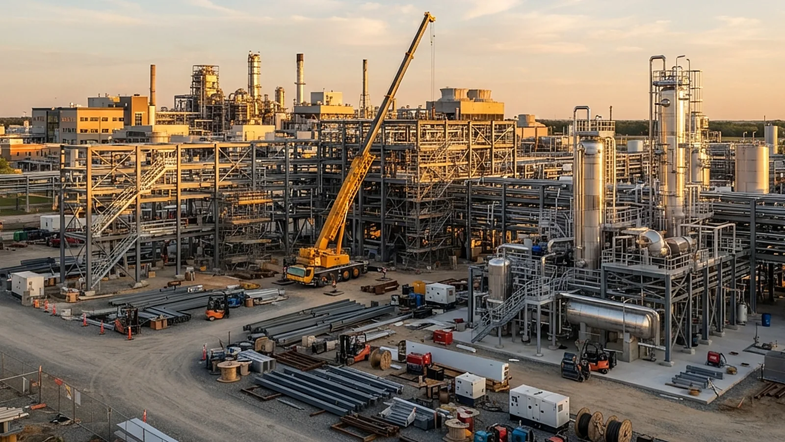 Chemical plant construction site with structural steel, pipe racks and a mobile crane