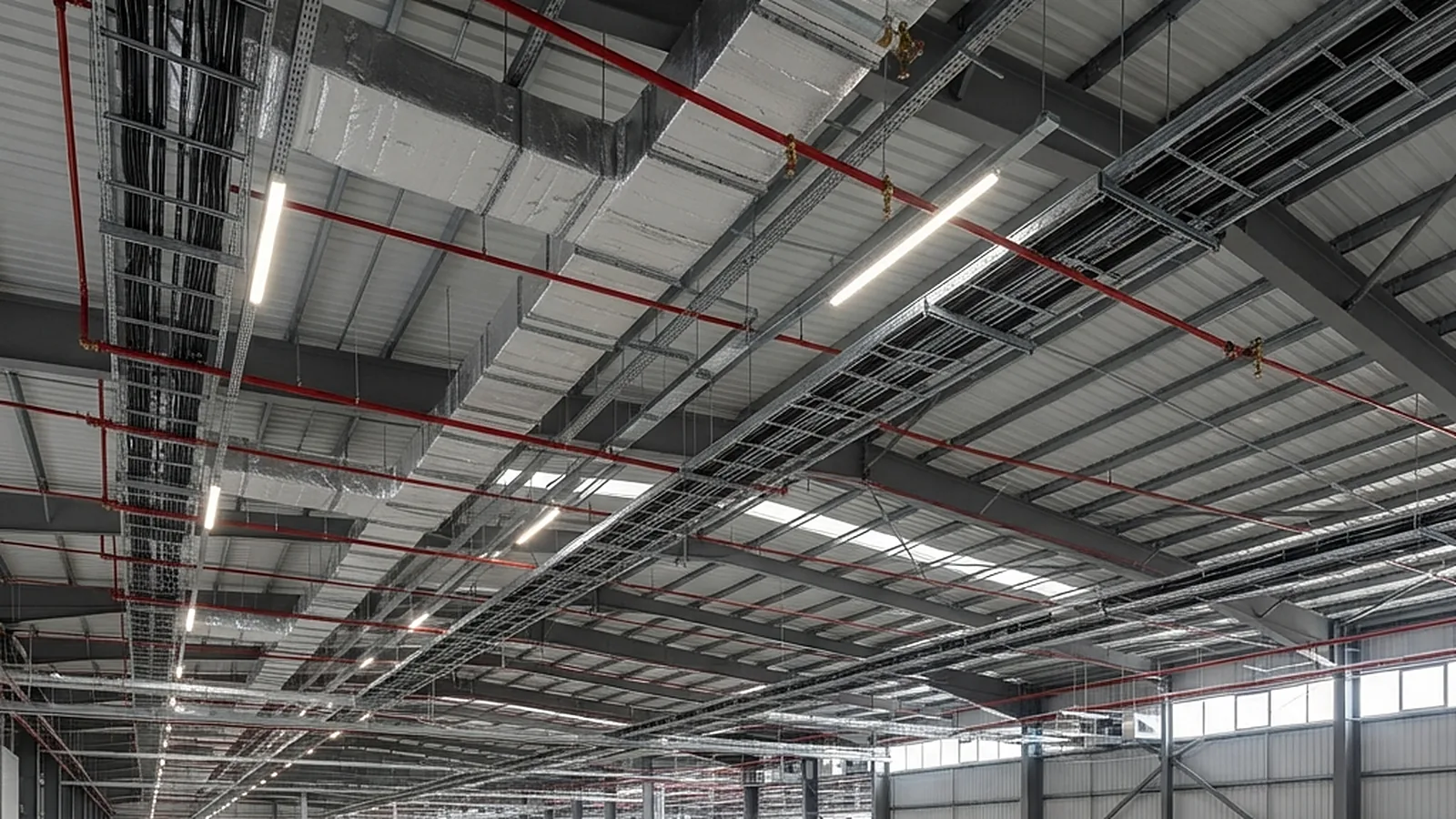 MEP services in an industrial building: insulated HVAC ducts, red sprinkler pipework and cable trays