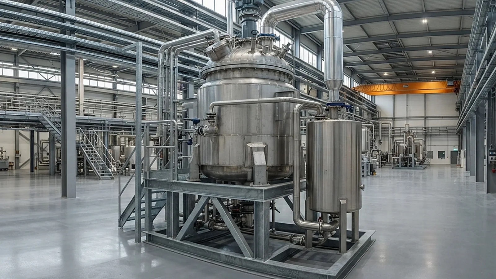 Jacketed stainless steel batch reactor with a relief line and catch tank in a reactor bay