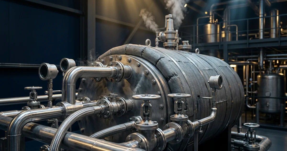 Insulated steam vessel with valves, pipework and a relief valve venting steam in a utility plant room