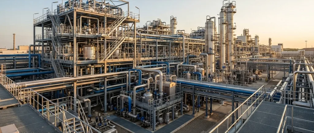 Stainless steel vessels and blue pipework on multi-level platforms in a process plant