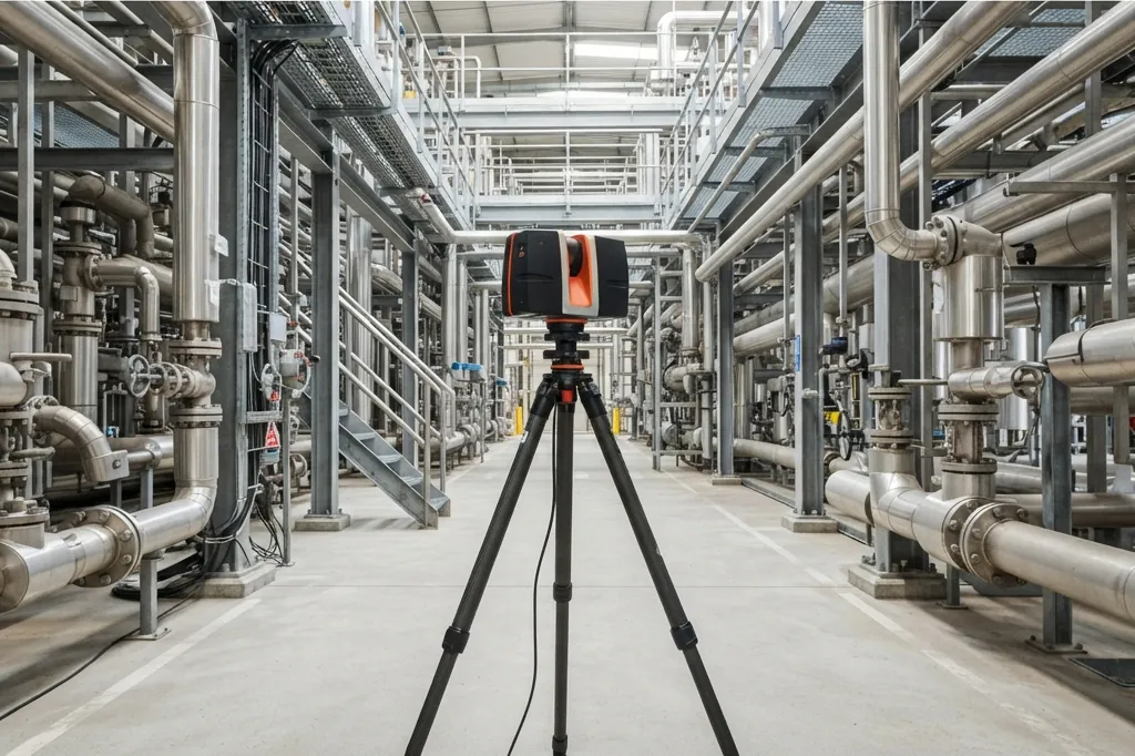 Laser scanner on a tripod between rows of pipework in a process plant