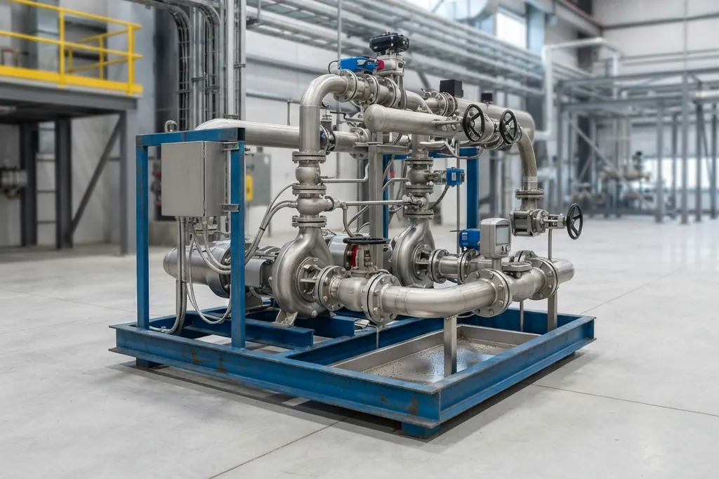 Skid-mounted pump and valve station with stainless steel pipework in an industrial hall