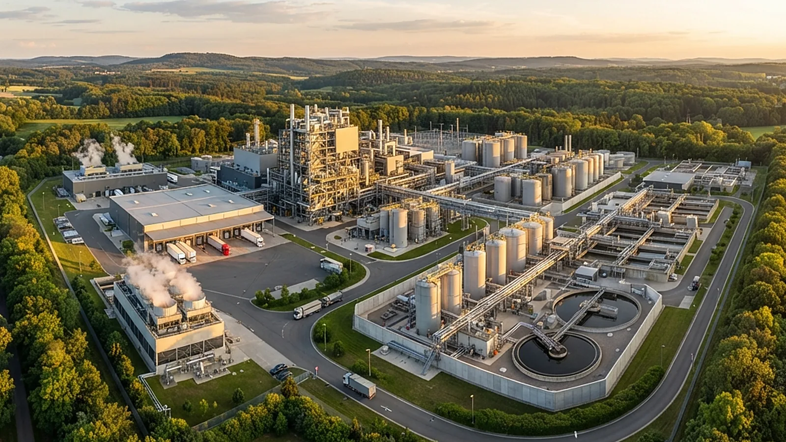 Aerial view of a chemical manufacturing site with a production building, warehouse, tank farm and utility area