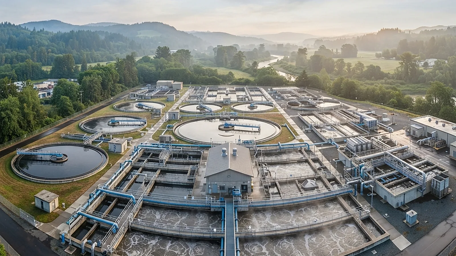 Aerial view of an industrial water treatment complex with circular clarifiers and aeration basins